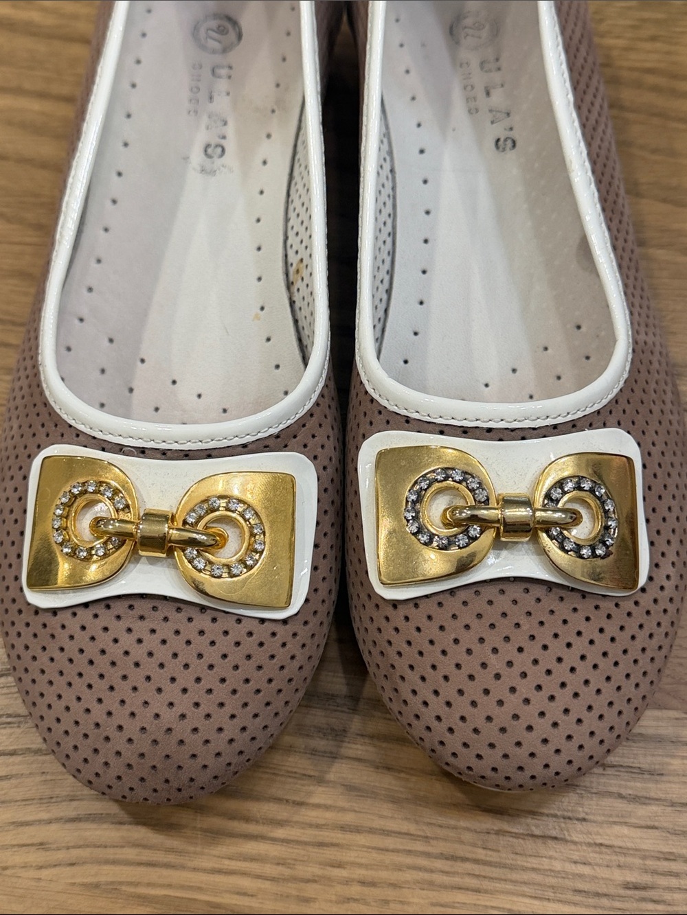 Ula’s Women’s Taupe Perforated Ballet Flats Gold Buckle Shoes Size 38